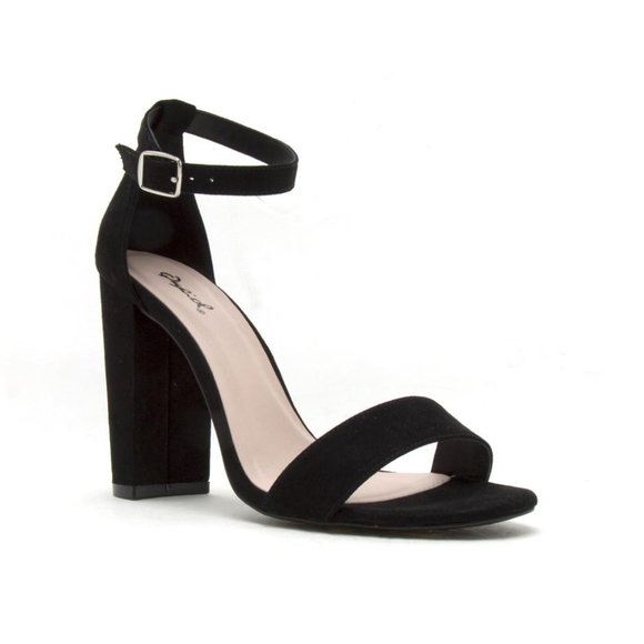 Qupid Shoes - Black Vegan Suede Ankle Strap Heels